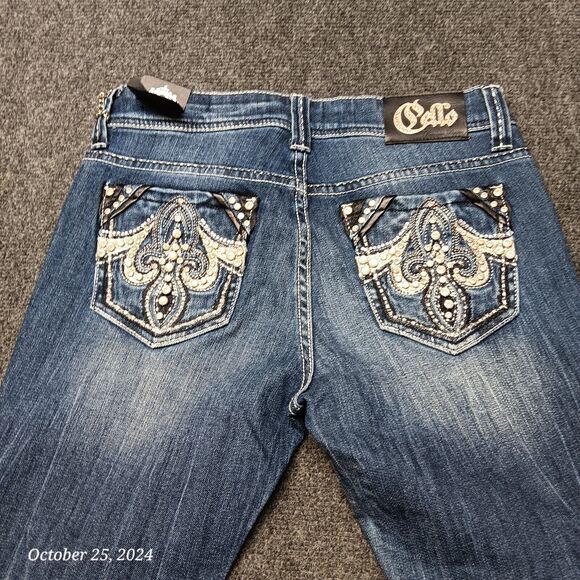 NWT Cello Jeans Women 5 Blue Bootcut Heavy Embellished Stretch Whiskered Pants - Picture 5 of 13